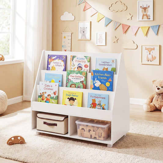 Double-Sided Kids Bookshelf Toddler Book Shelf on Wheels with Chalkboard-White