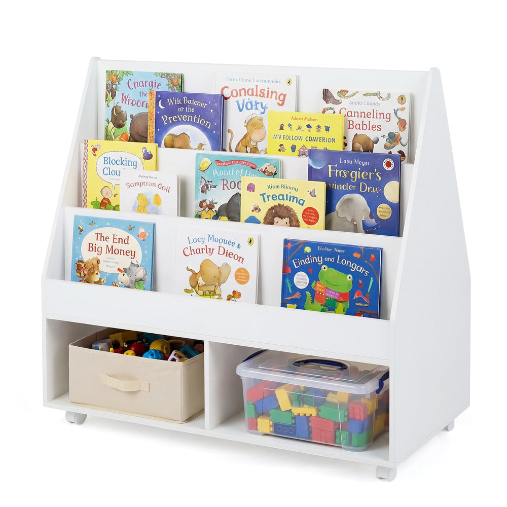Double-Sided Kids Bookshelf Toddler Book Shelf on Wheels with Chalkboard-White
