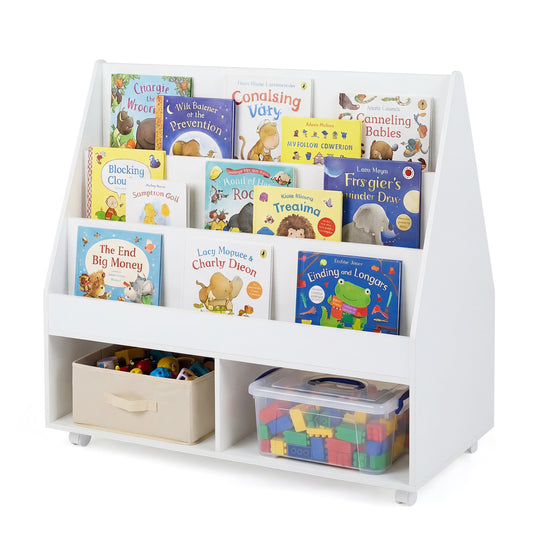 Double-Sided Kids Bookshelf Toddler Book Shelf on Wheels with Chalkboard-White