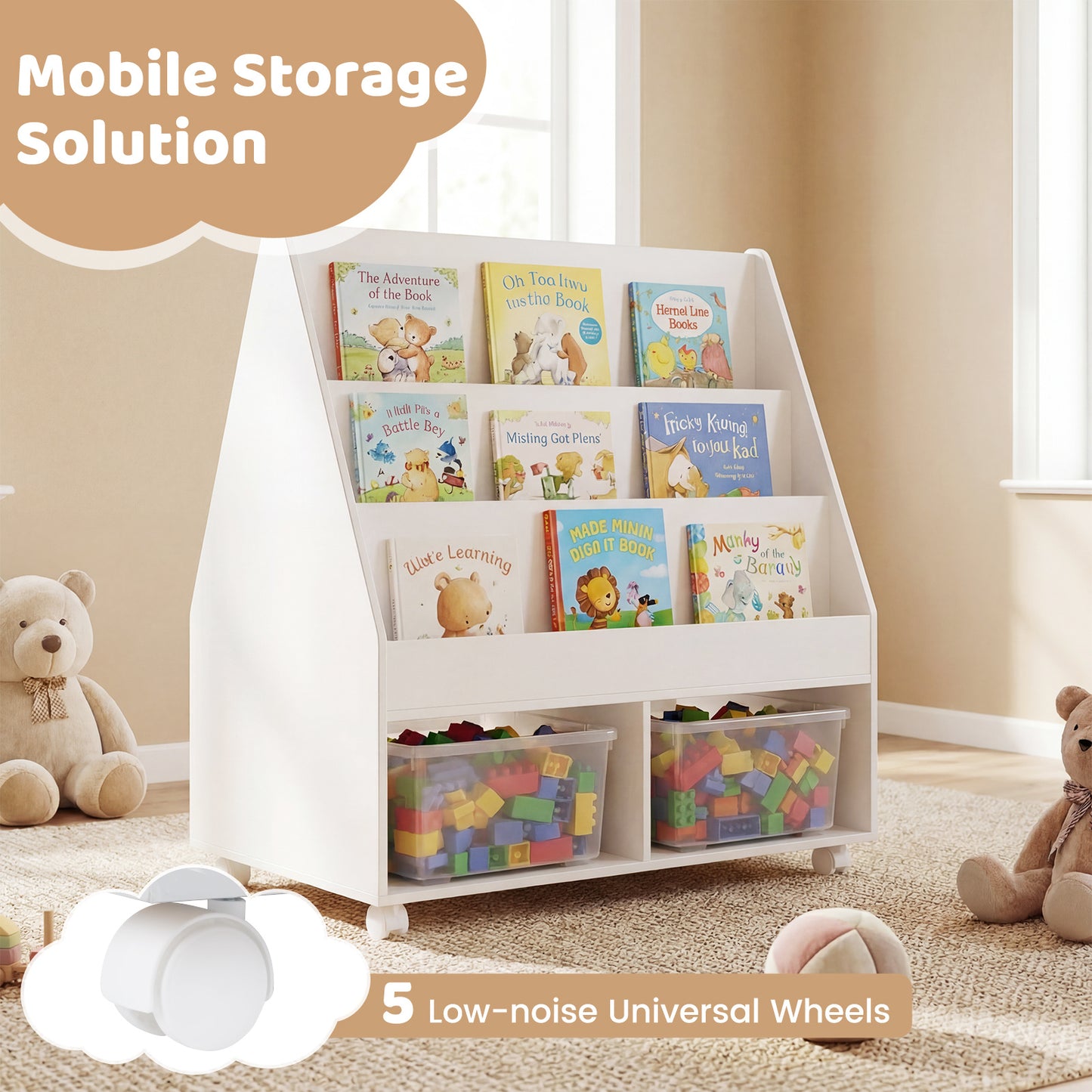 Double-Sided Kids Bookshelf Toddler Book Shelf on Wheels with Chalkboard-White