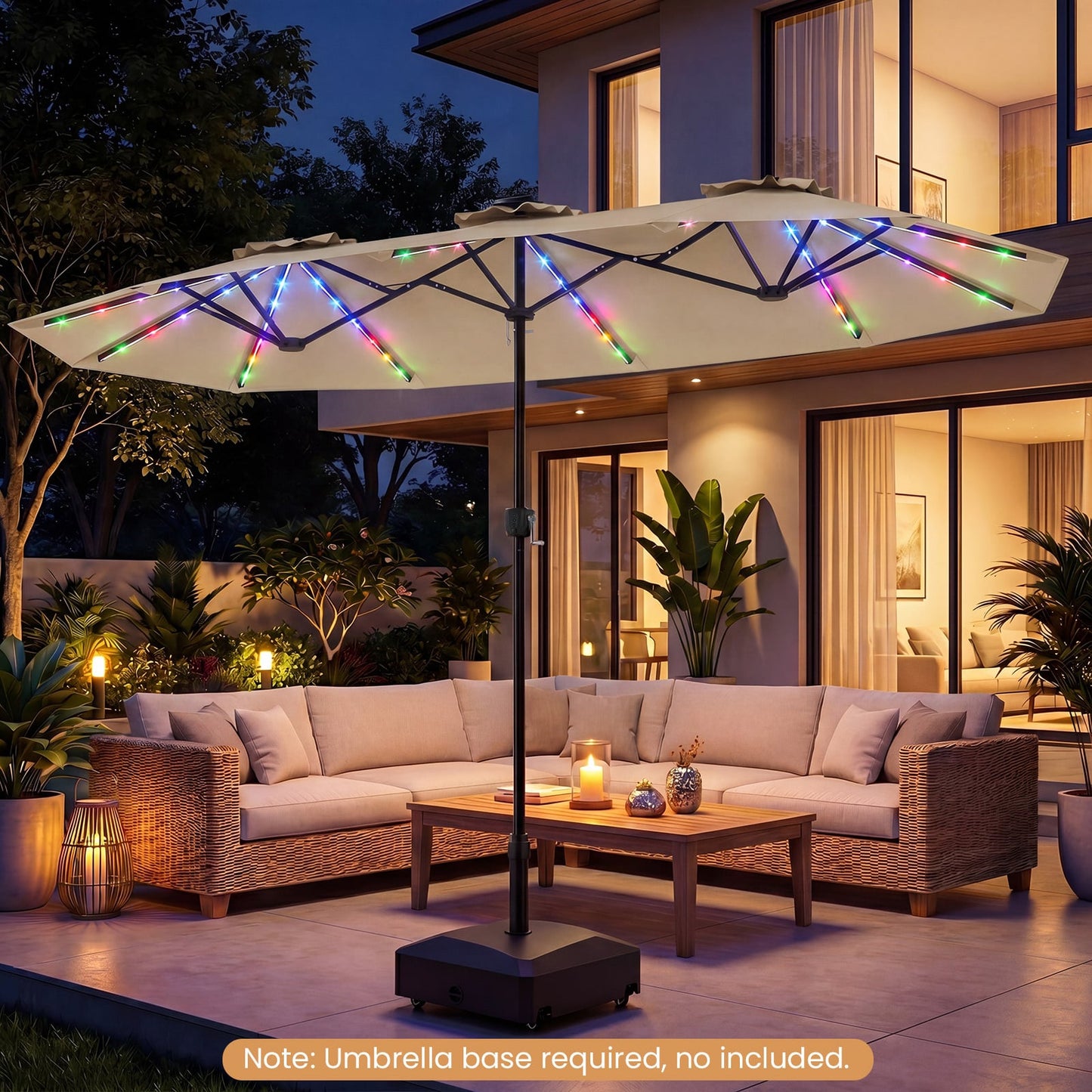 Double-Sided Patio Umbrella with Color-Changing Flowing Solar LED Lights-Beige