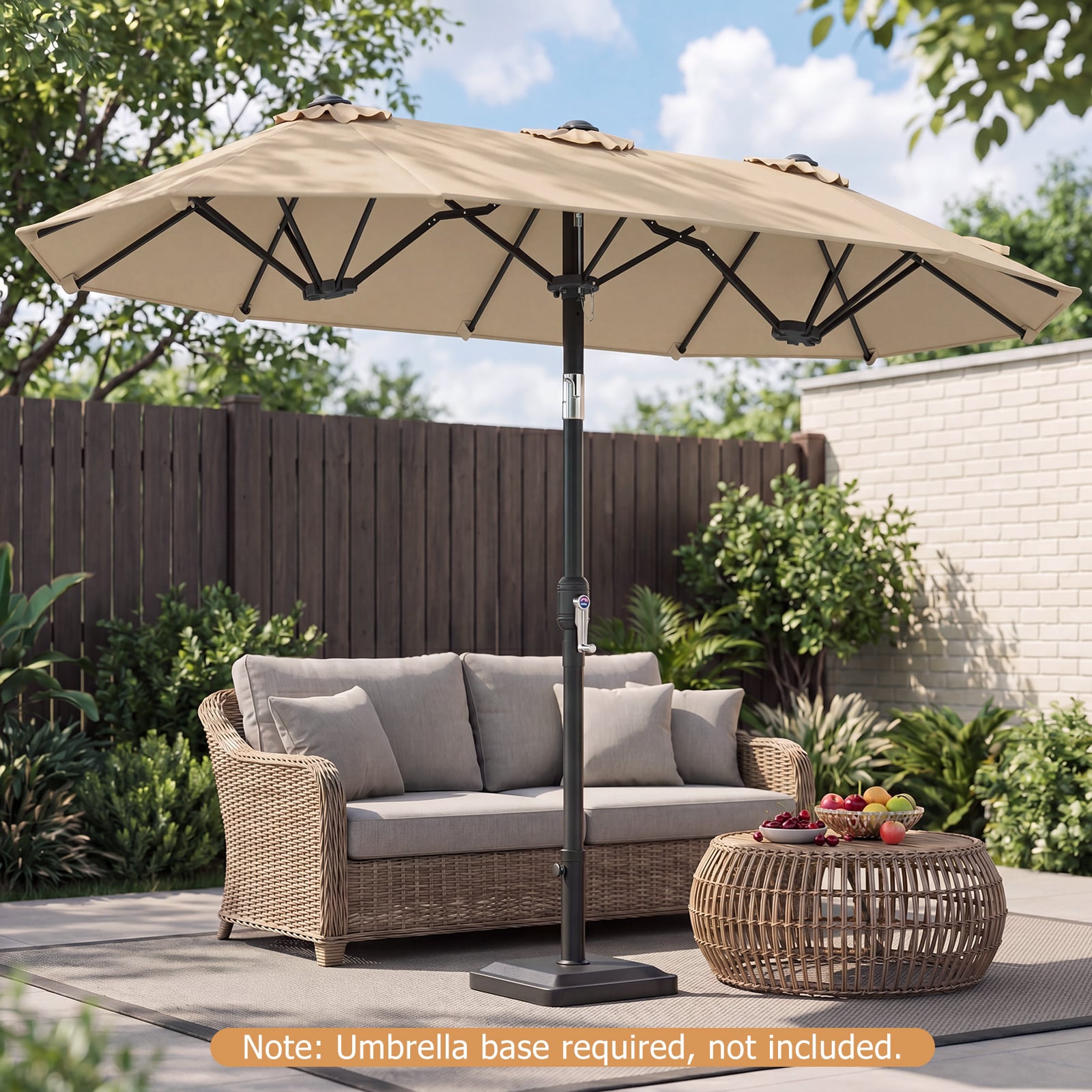 Double-Sided Patio Umbrella with Push Button Tilt and Crank and 12 Ribs-Beige