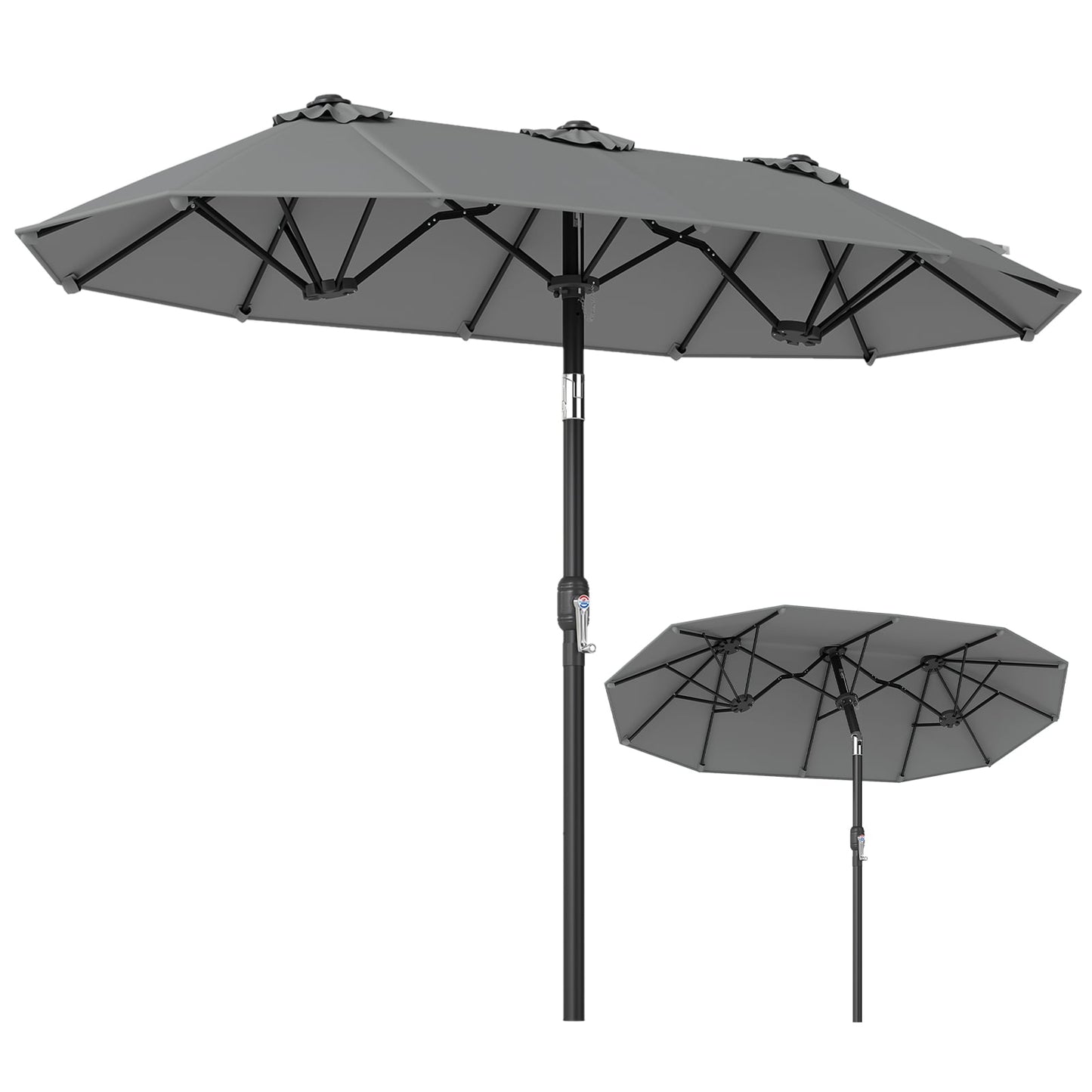 Double-Sided Patio Umbrella with Push Button Tilt and Crank and 12 Ribs-Grey