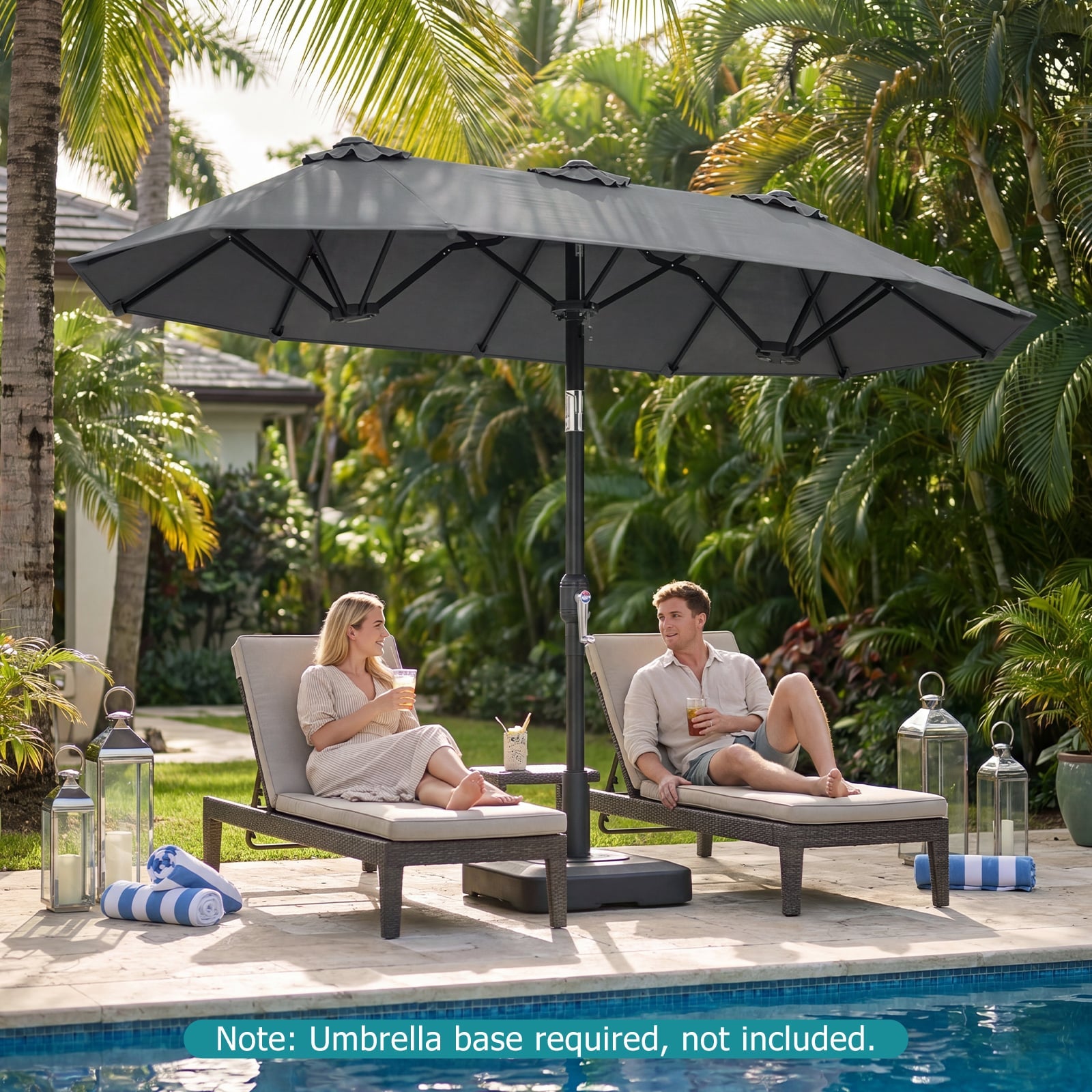 Double-Sided Patio Umbrella with Push Button Tilt and Crank and 12 Ribs-Grey