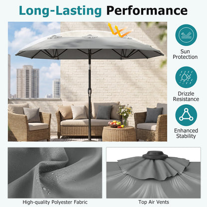 Double-Sided Patio Umbrella with Push Button Tilt and Crank and 12 Ribs-Grey