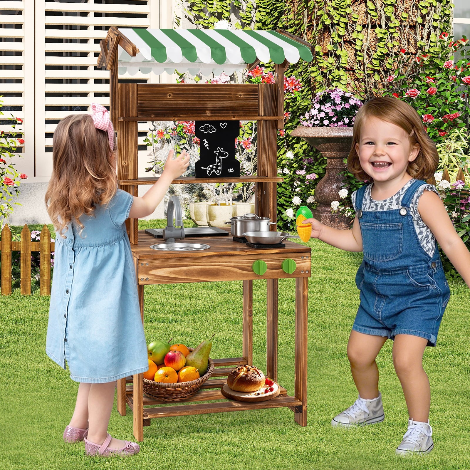 Double-Sided Mud Kitchen Wooden Barbecue Grill Playset with Canopy-Brown