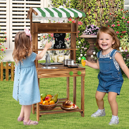 Double-Sided Mud Kitchen Wooden Barbecue Grill Playset with Canopy-Brown