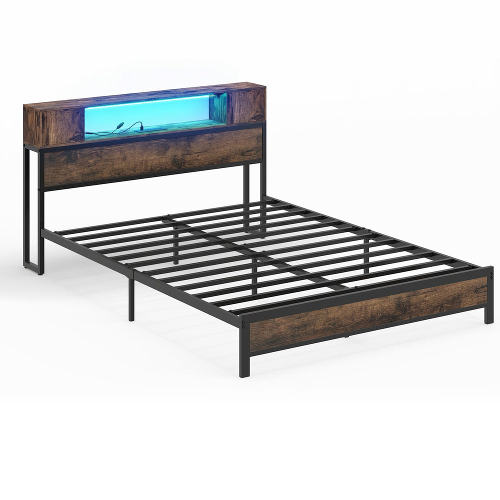 Double Size Bed Frame with LED Lights and Charging Station-Brown
