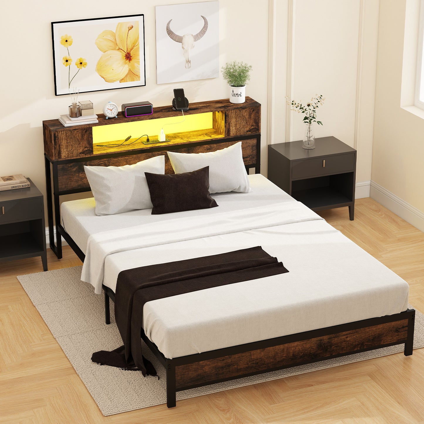 Double Size Bed Frame with LED Lights and Charging Station-Brown