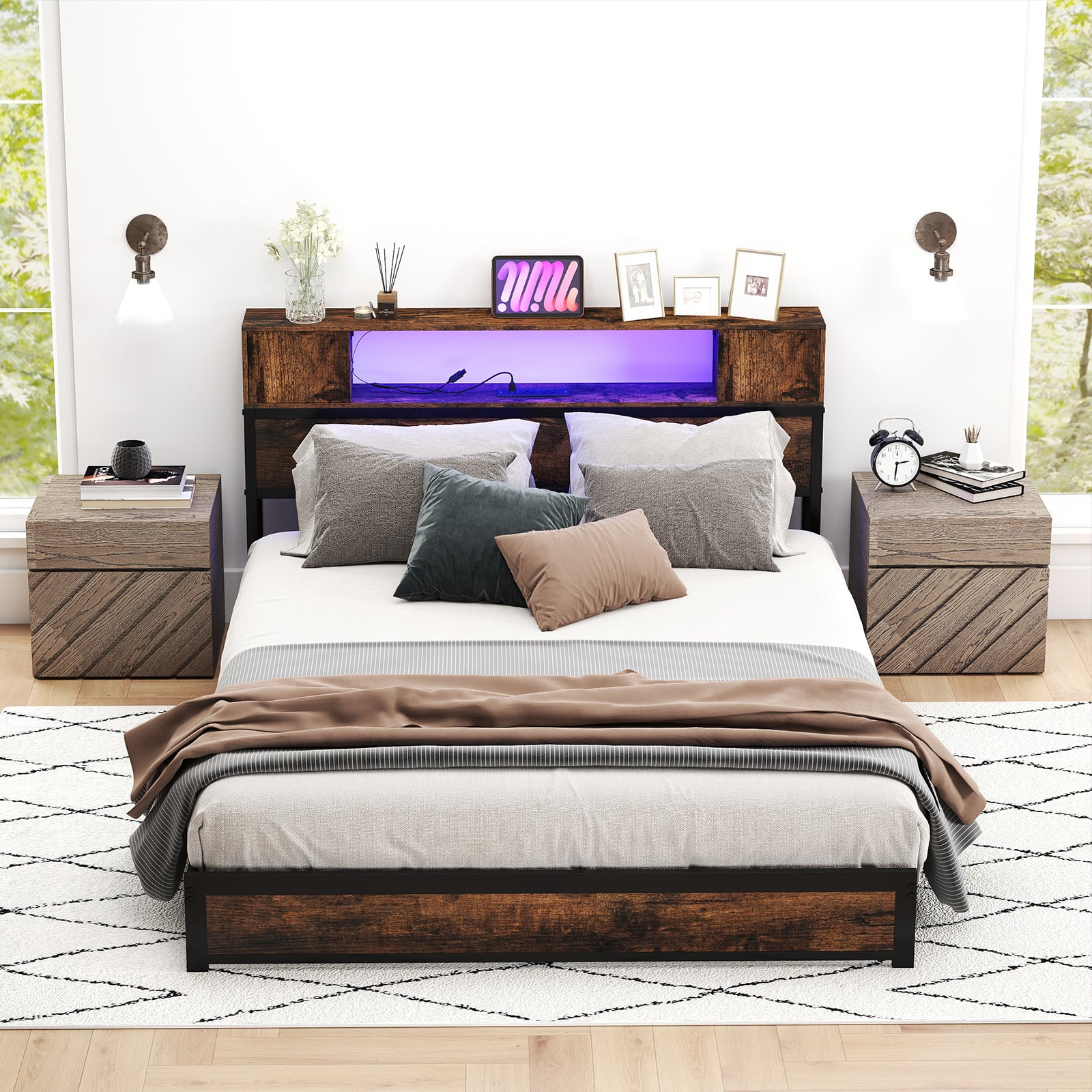 Double Size Bed Frame with LED Lights and Charging Station-Brown
