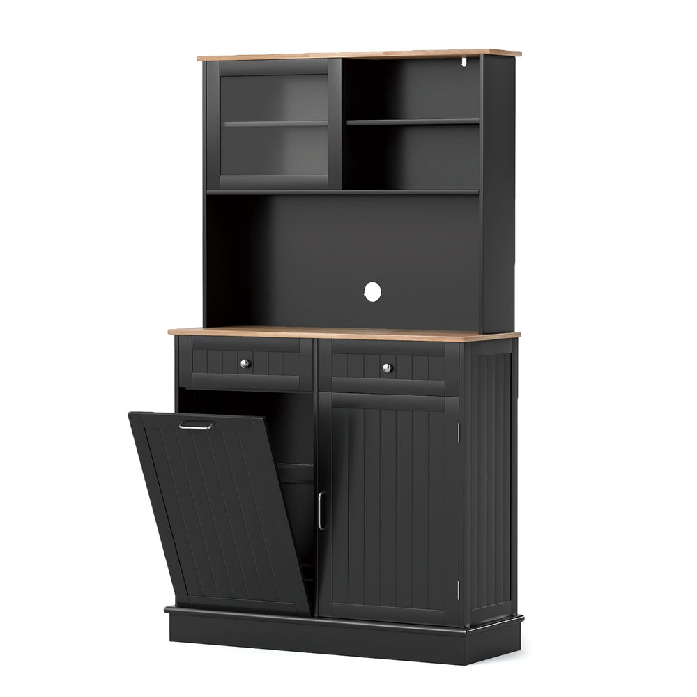 Double Tilt Out Trash Cabinet with Rubber Wood Countertop for Kitchen Dining Room-Black