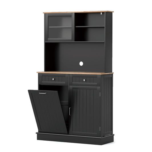 Double Tilt Out Trash Cabinet with Rubber Wood Countertop for Kitchen Dining Room-Black