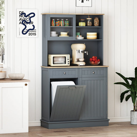Double Tilt Out Trash Cabinet with Rubber Wood Countertop for Kitchen Dining Room-Grey