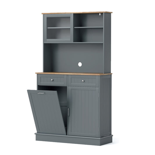Double Tilt Out Trash Cabinet with Rubber Wood Countertop for Kitchen Dining Room-Grey