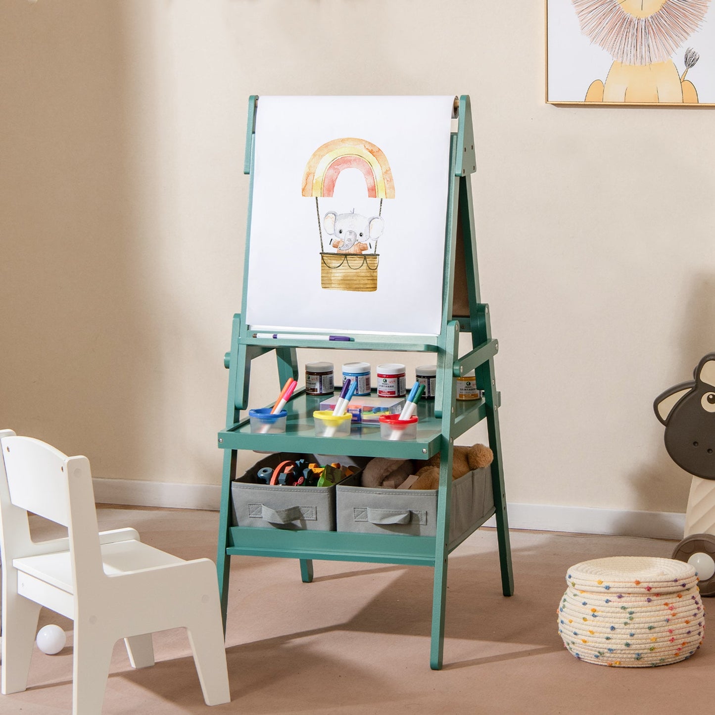 Double-sided Kids Easel with Magnetic Whiteboard and Chalkboard-Dark Green