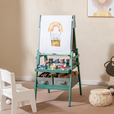 Double-sided Kids Easel with Magnetic Whiteboard and Chalkboard-Dark Green