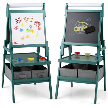 Double-sided Kids Easel with Magnetic Whiteboard and Chalkboard-Dark Green
