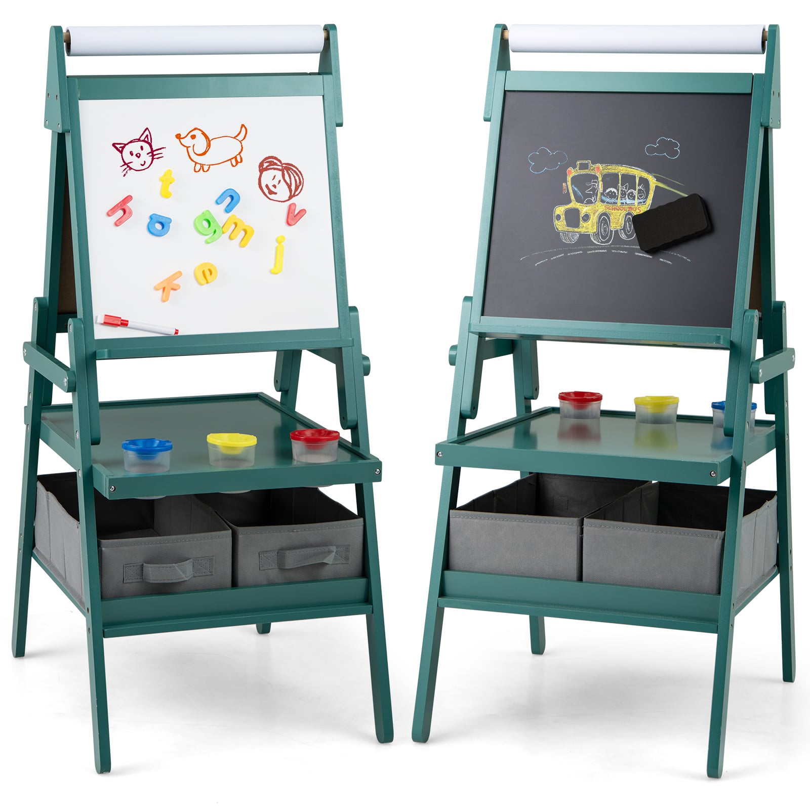Double-sided Kids Easel with Magnetic Whiteboard and Chalkboard-Dark Green