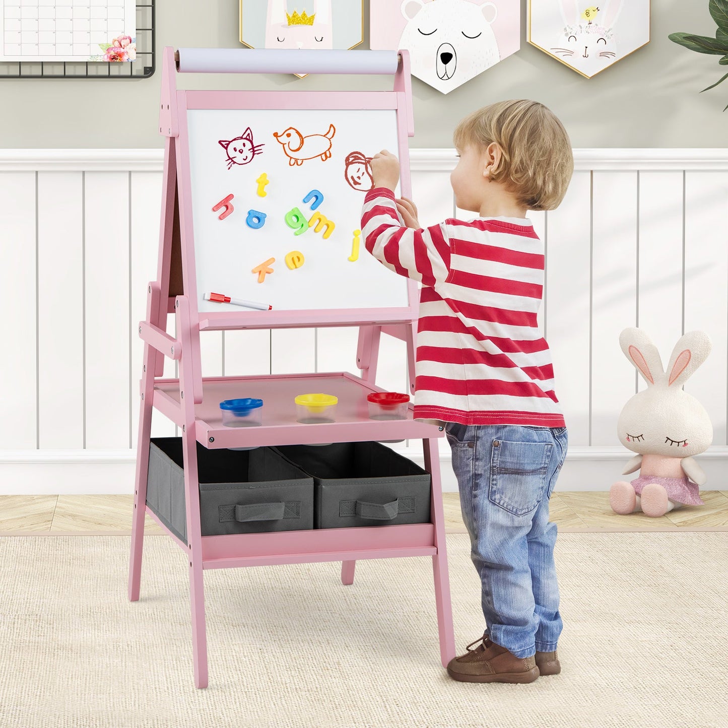 Double-sided Kids Easel with Magnetic Whiteboard and Chalkboard-Pink