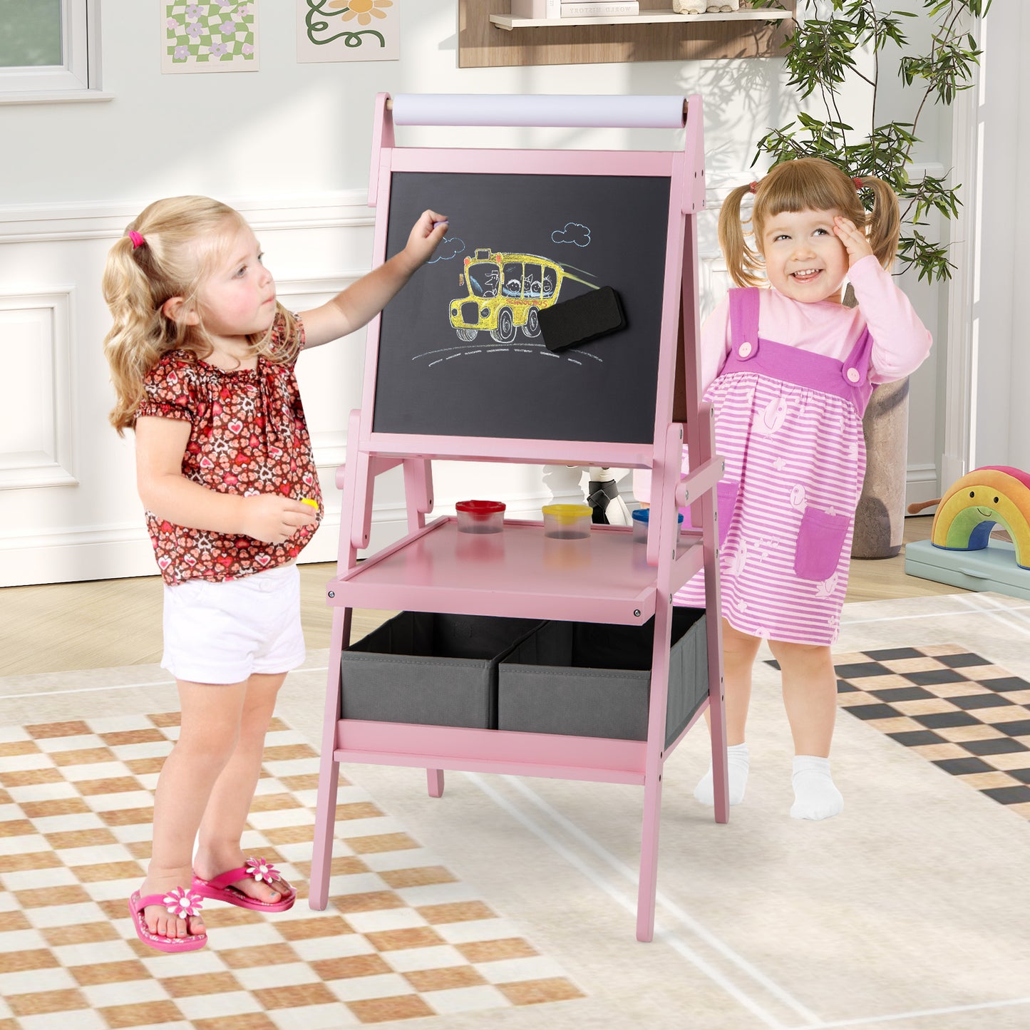 Double-sided Kids Easel with Magnetic Whiteboard and Chalkboard-Pink