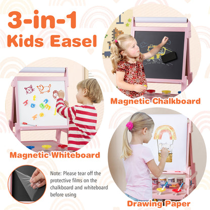 Double-sided Kids Easel with Magnetic Whiteboard and Chalkboard-Pink
