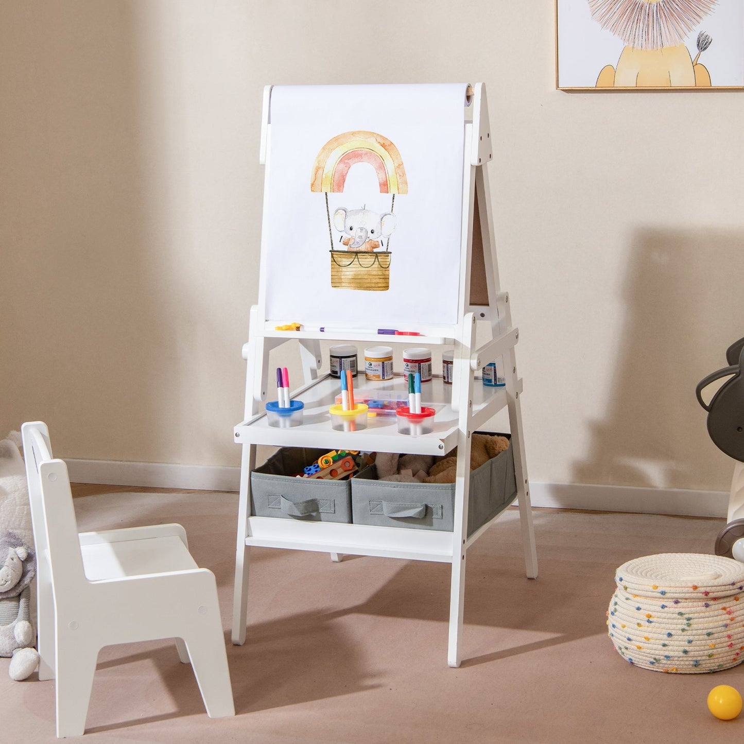 Double-sided Kids Easel with Magnetic Whiteboard and Chalkboard-White