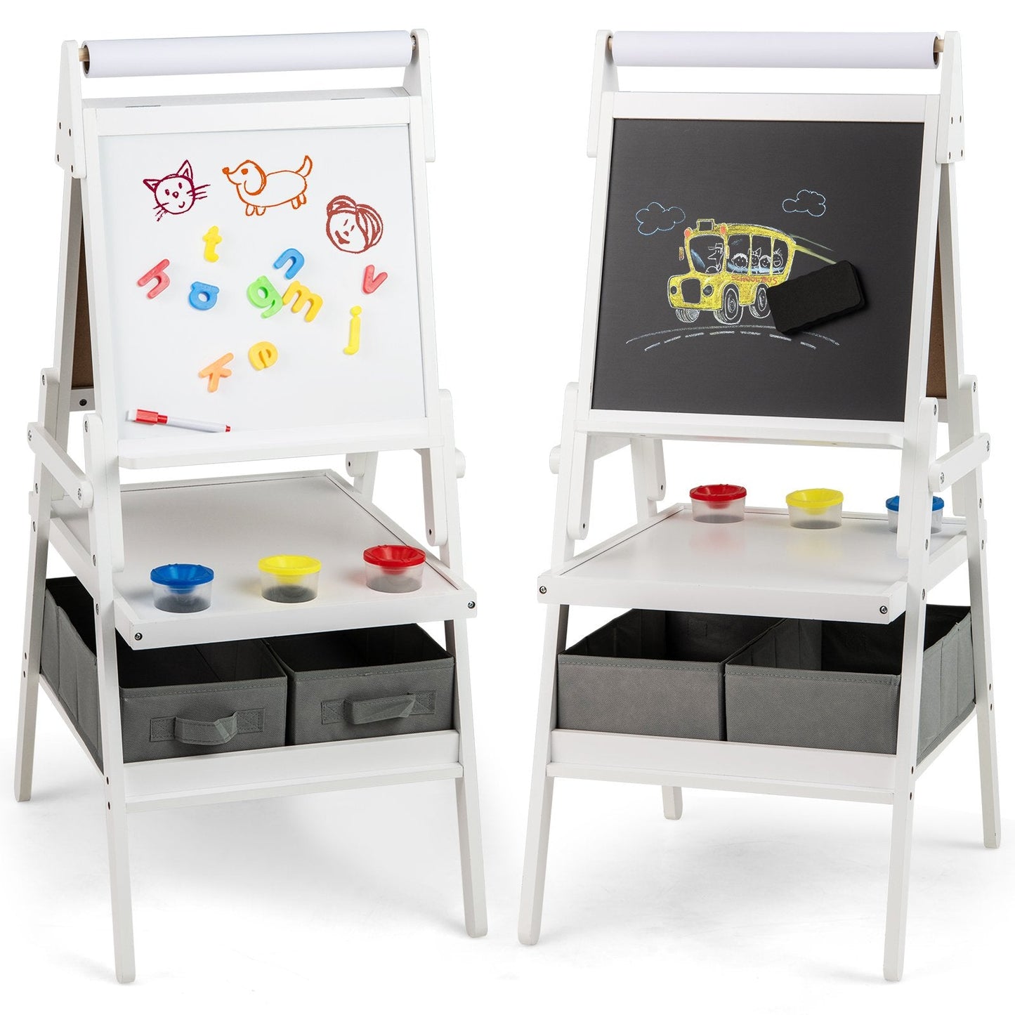 Double-sided Kids Easel with Magnetic Whiteboard and Chalkboard-White