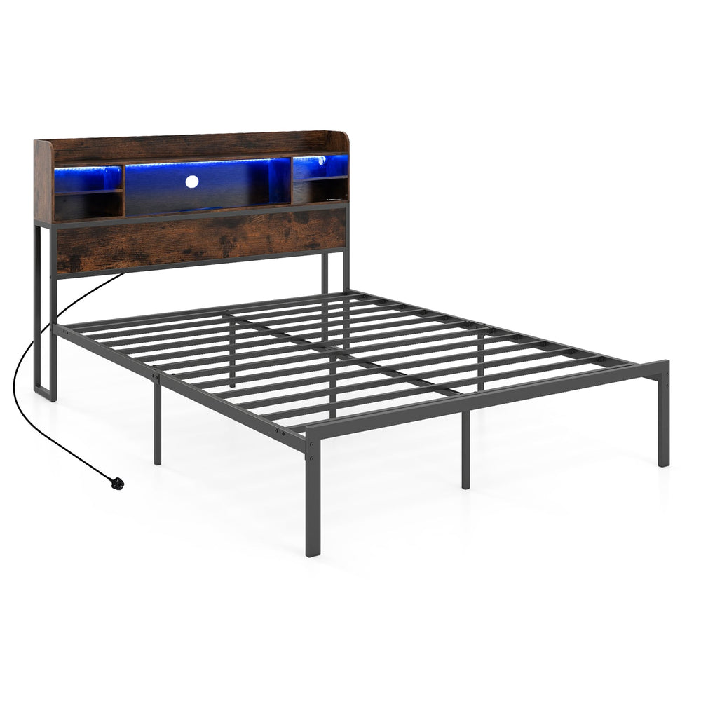 Double/King Size Bed Frame with LED Lights and Charging Station-Rustic Brown-King Size