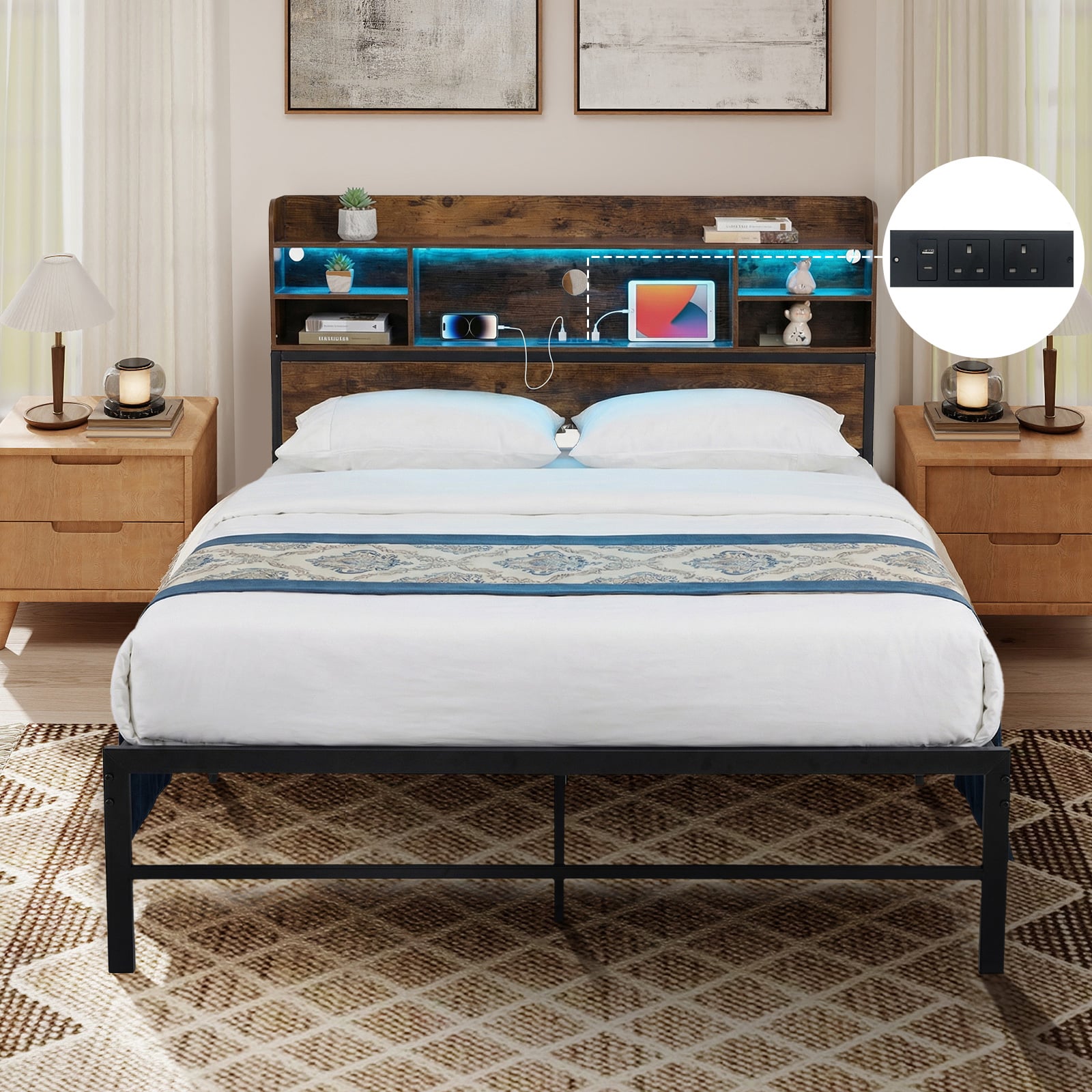 Double/King Size Bed Frame with LED Lights and Charging Station-Rustic Brown-Double Size
