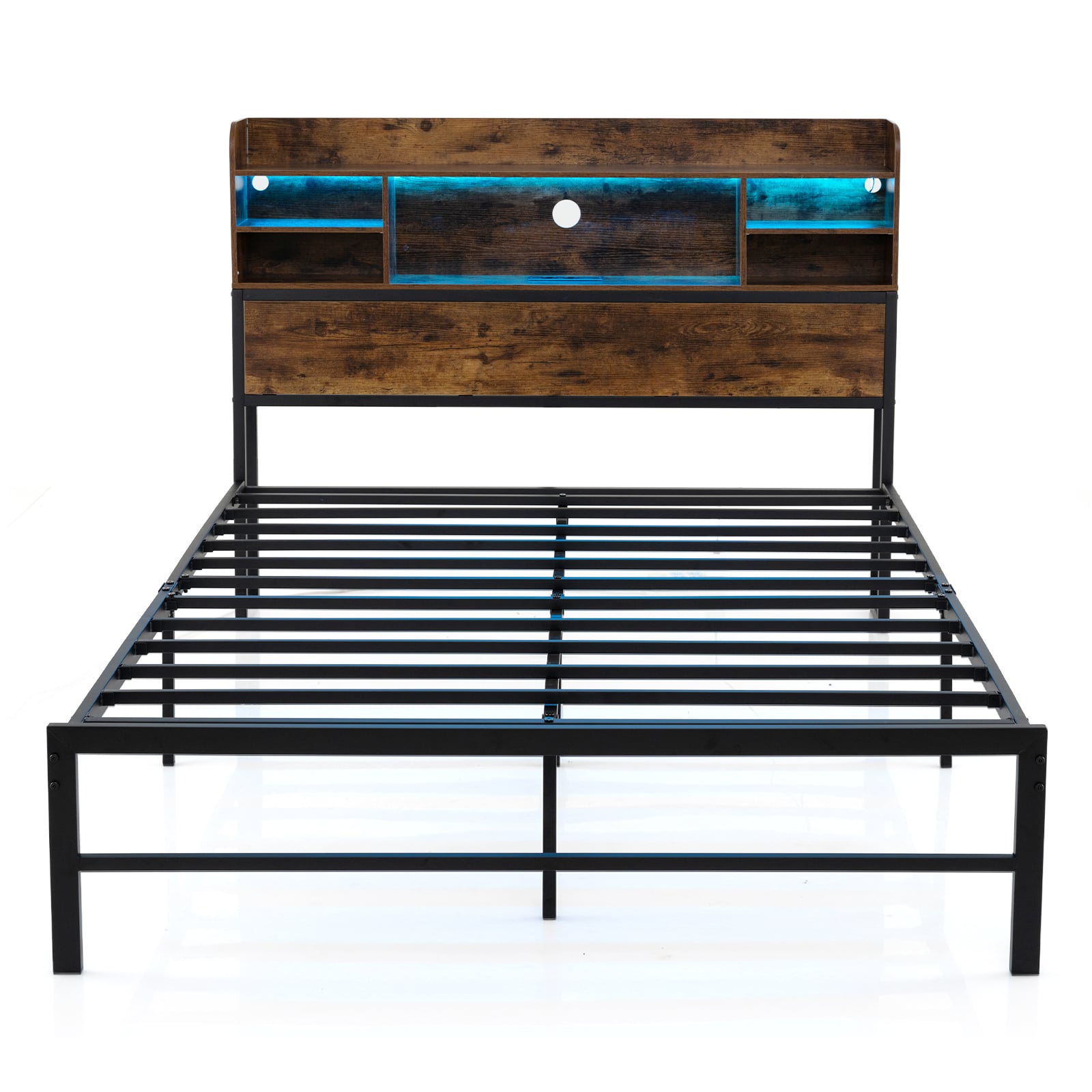 Double/King Size Bed Frame with LED Lights and Charging Station-Rustic Brown-Double Size