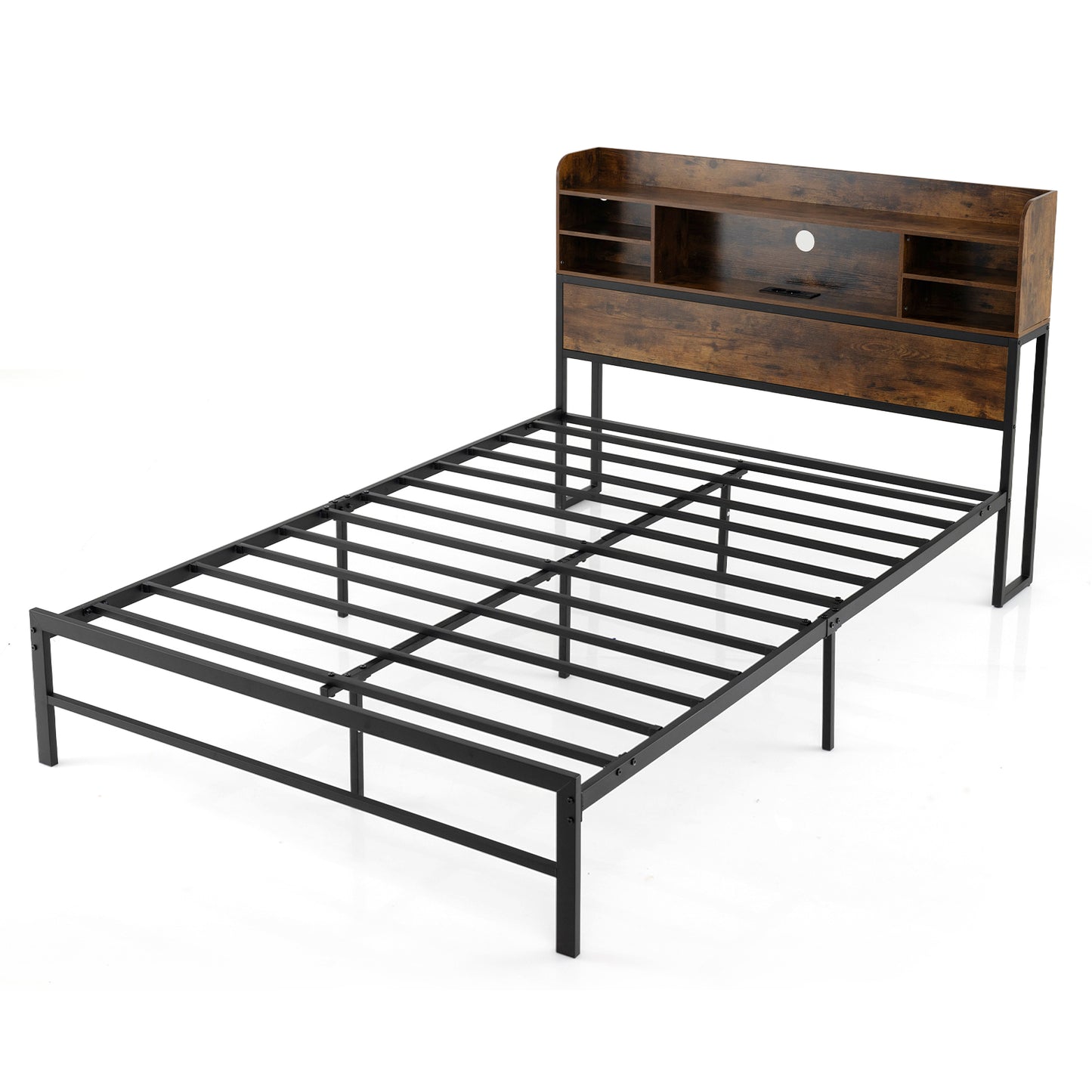 Double/King Size Bed Frame with LED Lights and Charging Station-Rustic Brown-Double Size