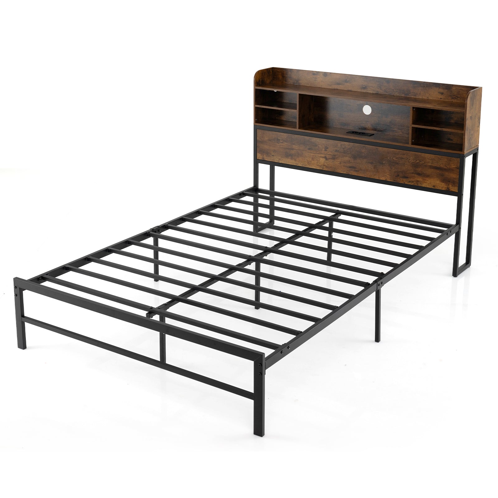 Double/King Size Bed Frame with LED Lights and Charging Station-Rustic Brown-Double Size