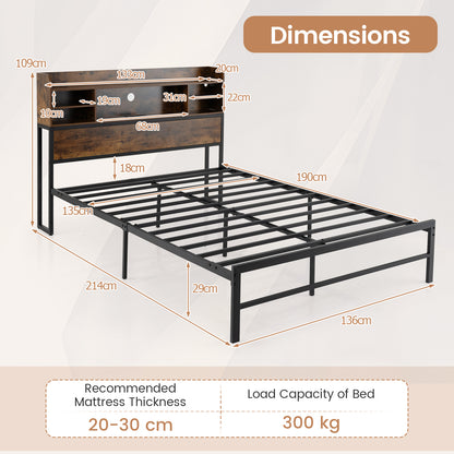 Double/King Size Bed Frame with LED Lights and Charging Station-Rustic Brown-Double Size