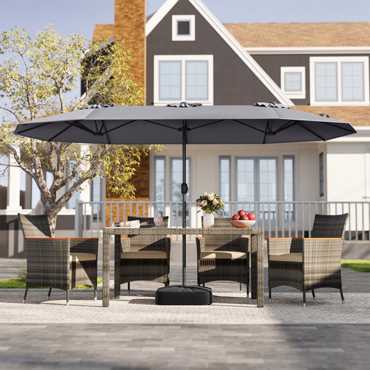 Extra Large Double-Sided Patio Umbrella Twin with Fillable Base and Crank Handle-Grey