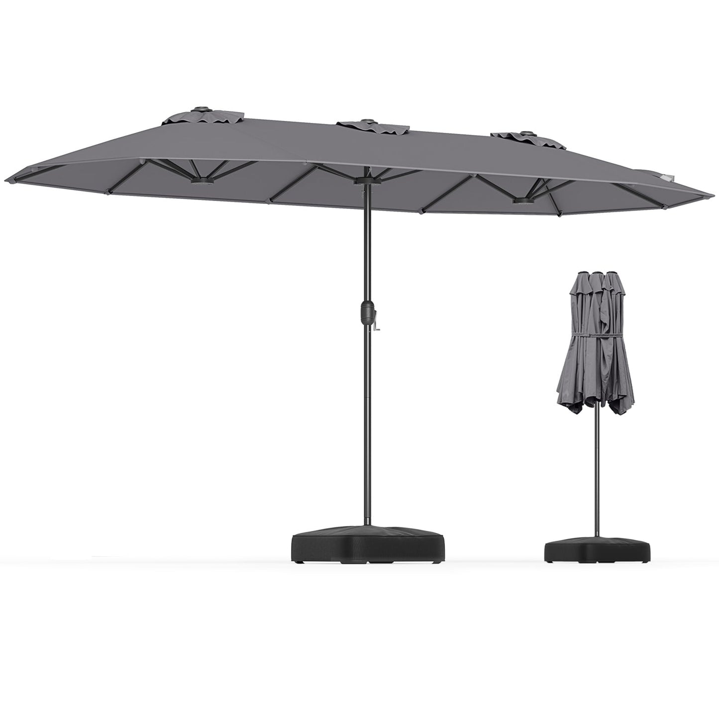 Extra Large Double-Sided Patio Umbrella Twin with Fillable Base and Crank Handle-Grey