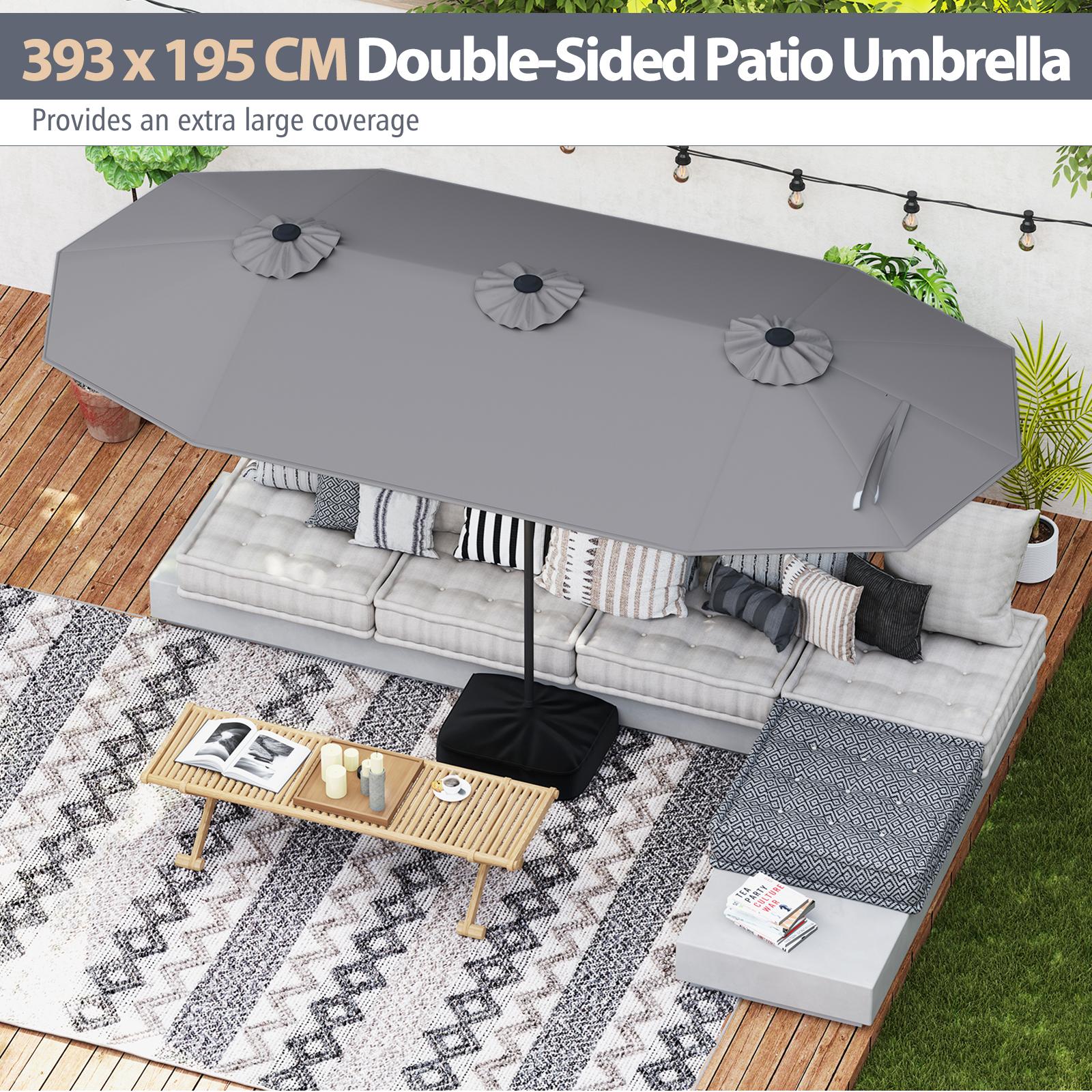 Extra Large Double-Sided Patio Umbrella Twin with Fillable Base and Crank Handle-Grey