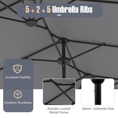 Extra Large Double-Sided Patio Umbrella Twin with Fillable Base and Crank Handle-Grey