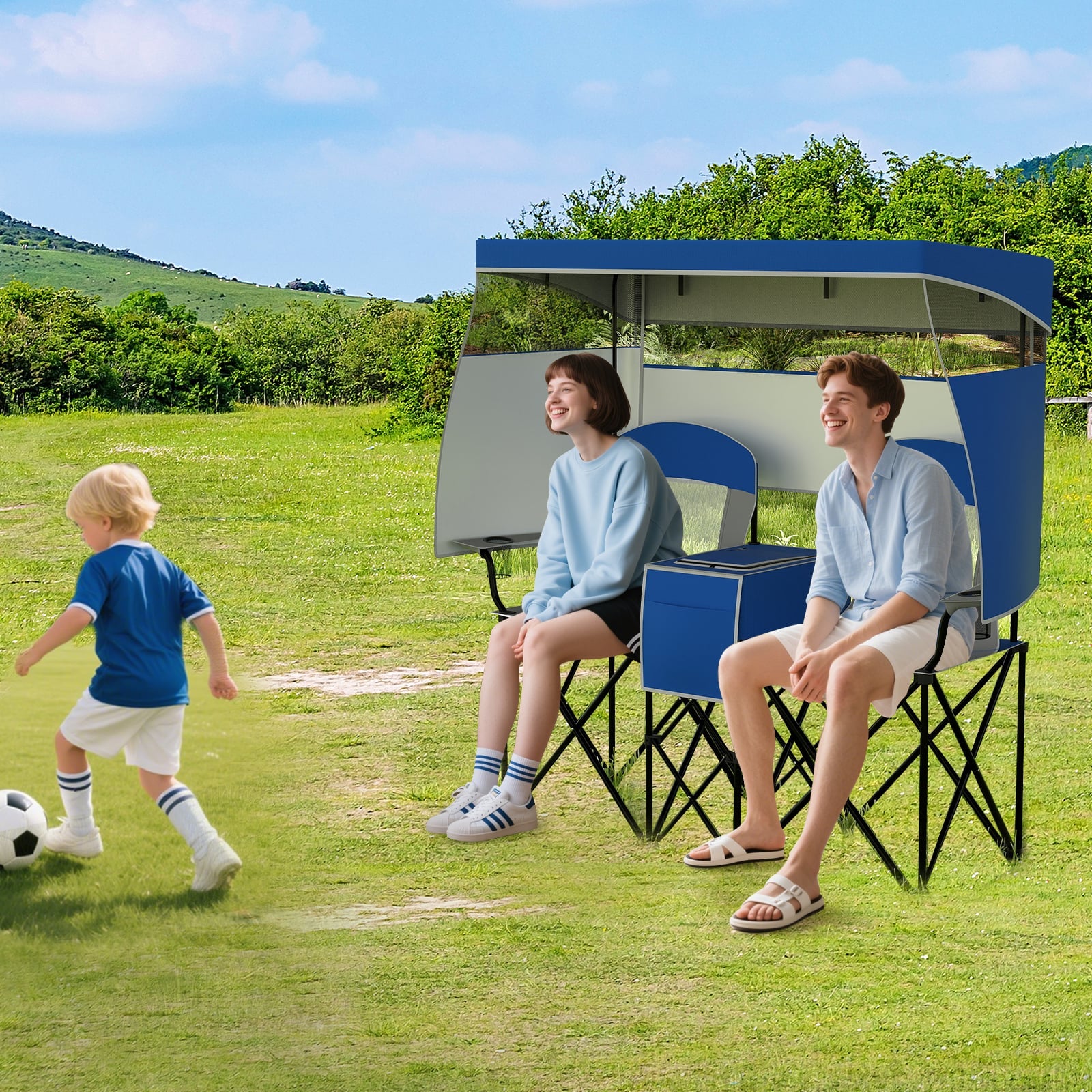 Double Beach Chair with Adjustable Canopy and Roll-up Shade-Navy