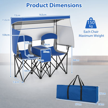 Double Beach Chair with Adjustable Canopy and Roll-up Shade-Navy