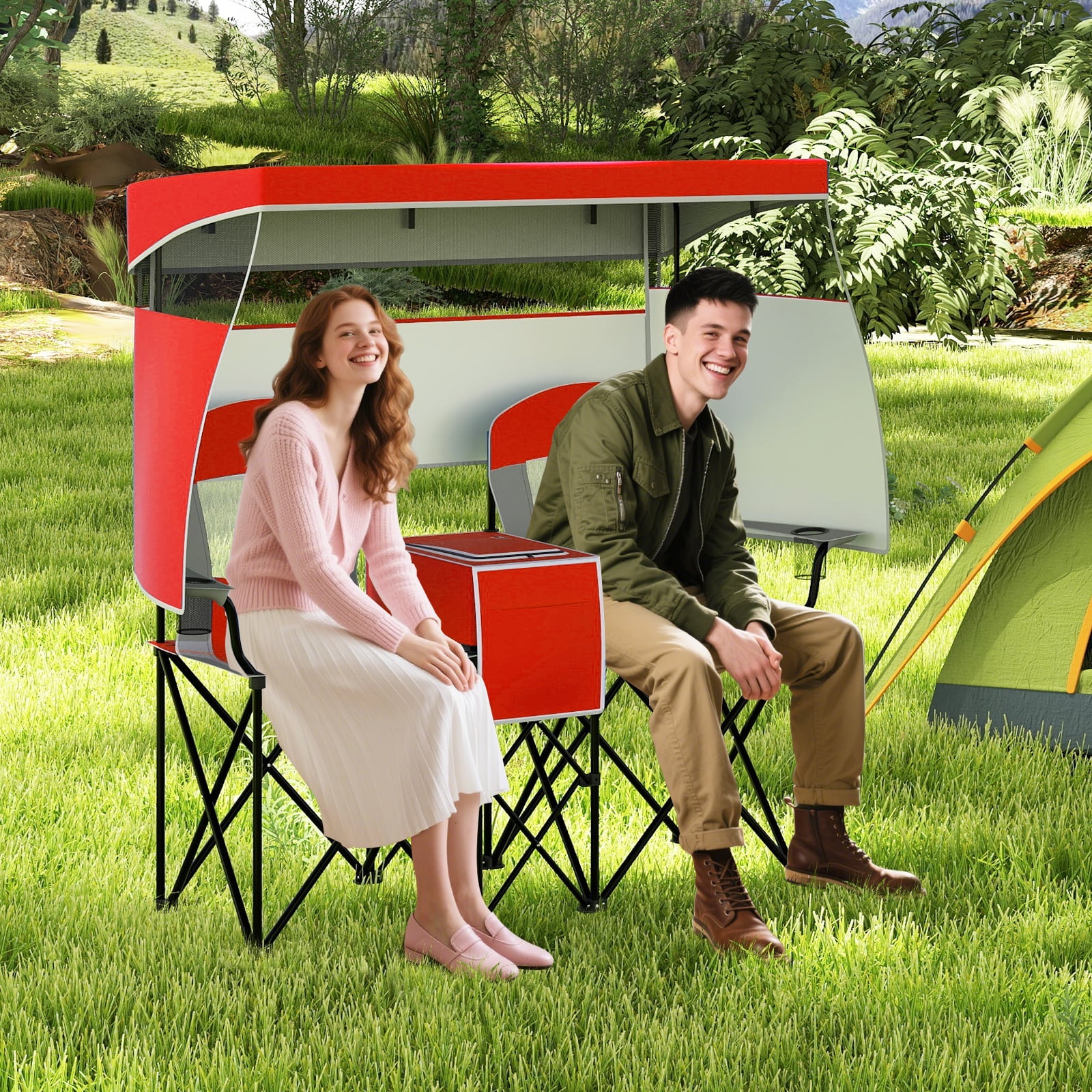 Double Beach Chair with Adjustable Canopy and Roll-up Shade-Red