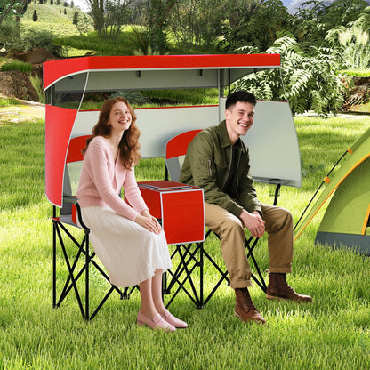 Double Beach Chair with Adjustable Canopy and Roll-up Shade-Red