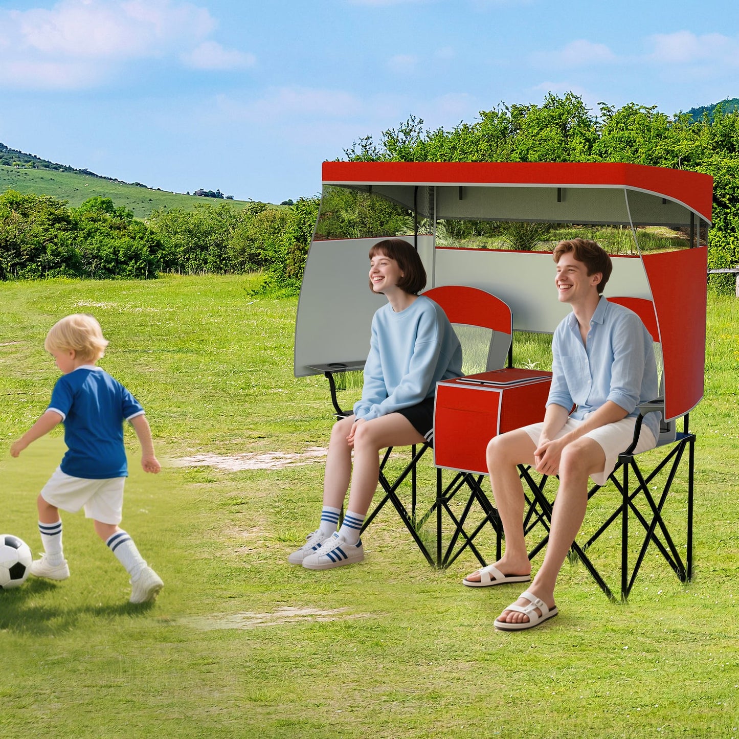 Double Beach Chair with Adjustable Canopy and Roll-up Shade-Red