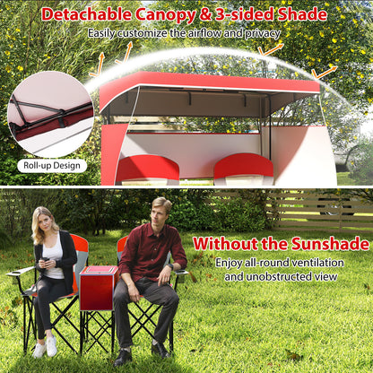Double Beach Chair with Adjustable Canopy and Roll-up Shade-Red