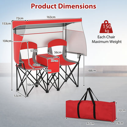 Double Beach Chair with Adjustable Canopy and Roll-up Shade-Red