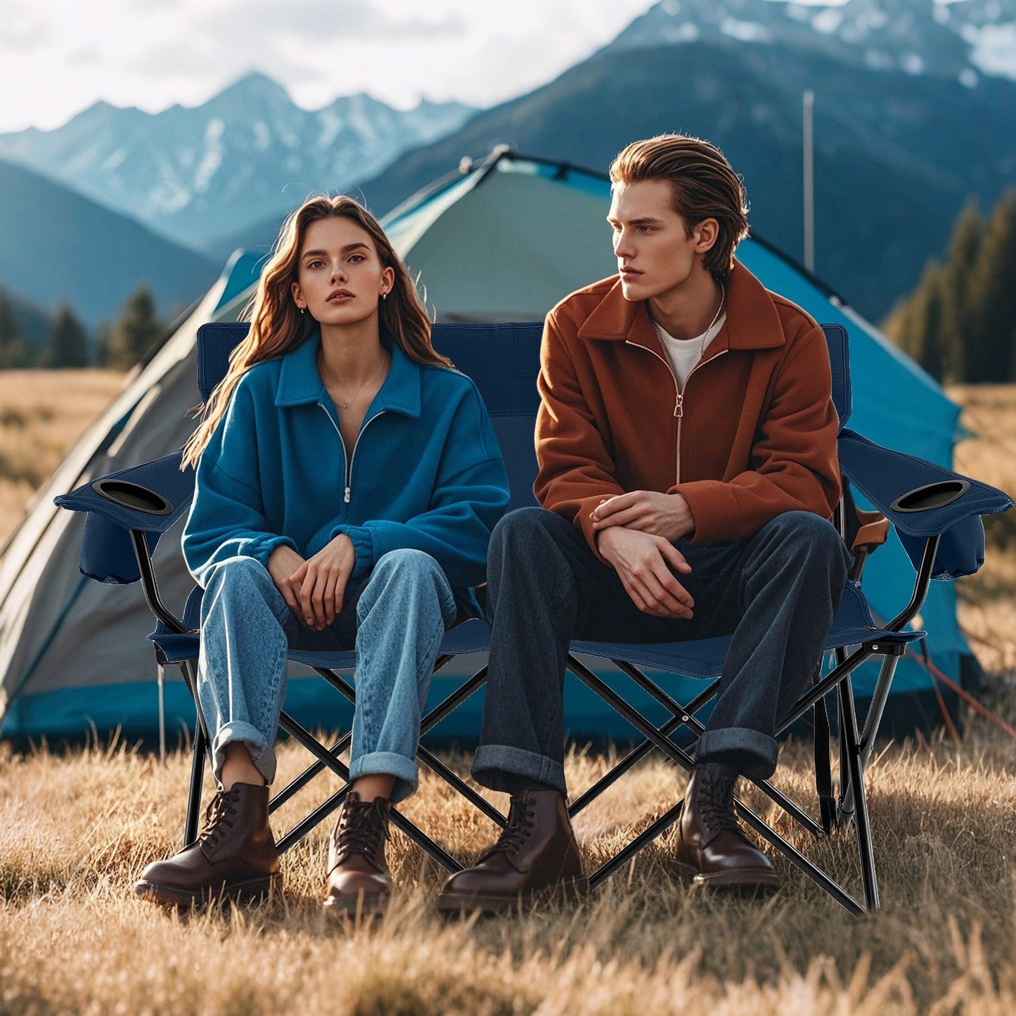 Double Camping Chair with Cup Holders and Carrying Bag-Blue