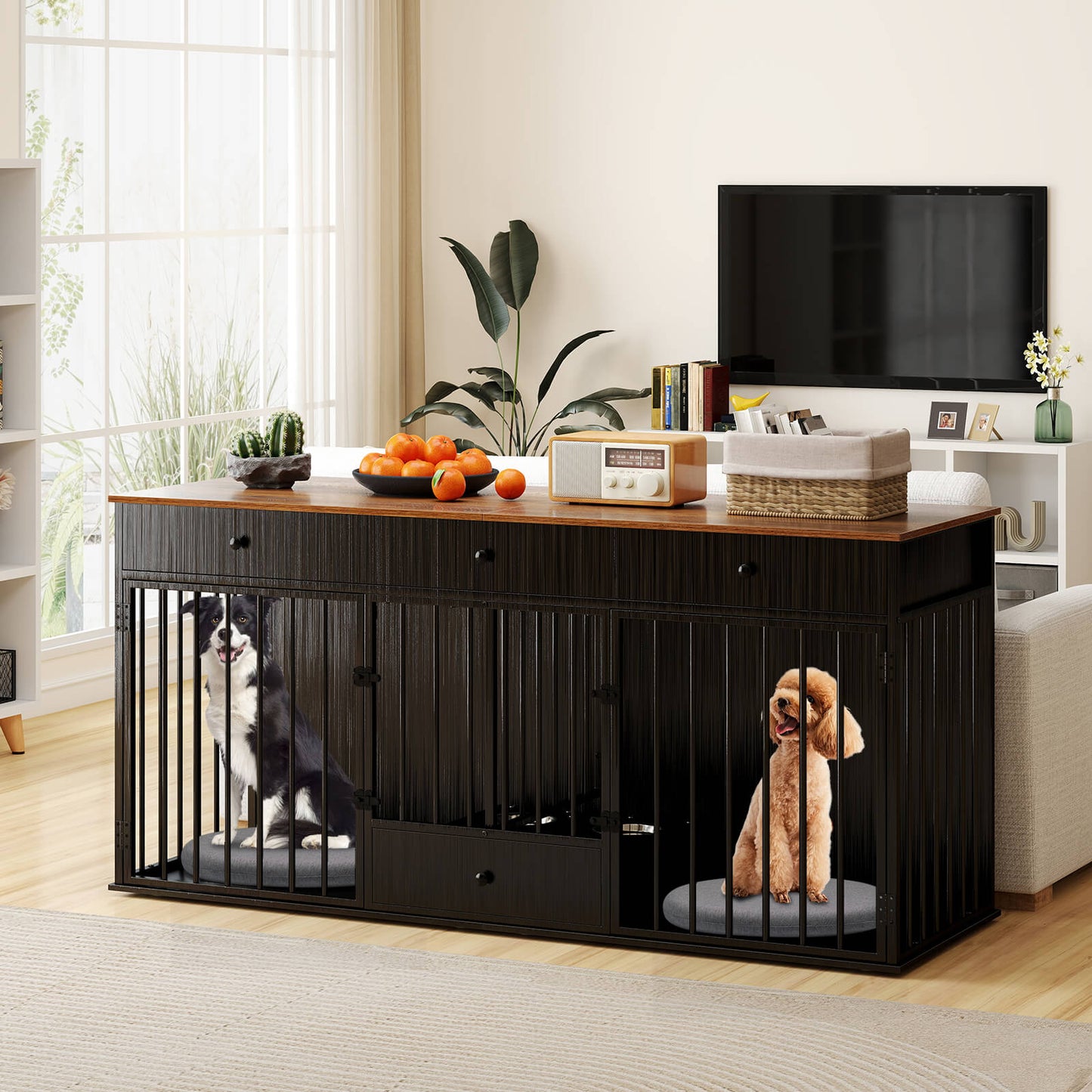 Double Dog Crate Furniture Dog Kennel with Pull-out Feeder and 3 Drawers-Black