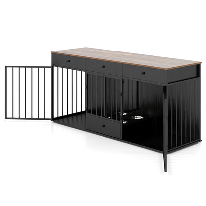 Double Dog Crate Furniture Dog Kennel with Pull-out Feeder and 3 Drawers-Black