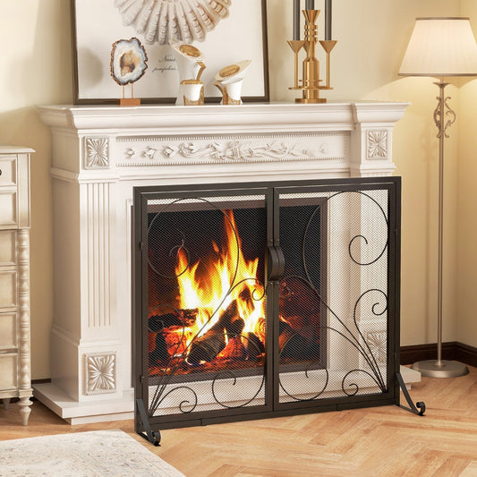 Double Door Fireplace Screen Flat Fire Guard with Magnetic Panels-Black