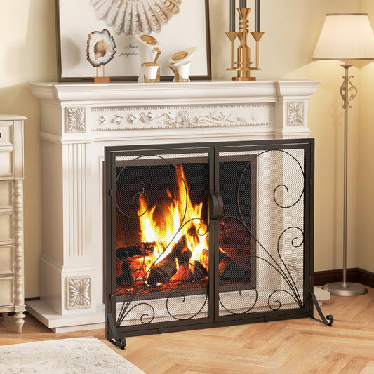 Double Door Fireplace Screen Flat Fire Guard with Magnetic Panels-Black