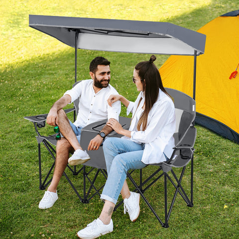 Double Folding Camping Chair with Canopy and Armrests-Grey